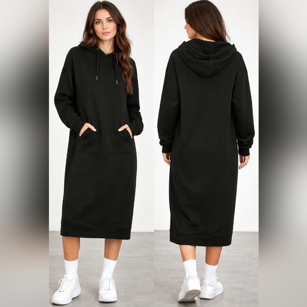 SHEIN Black Hooded Sweatshirt Dress | Longline Hoodie Dress Size S